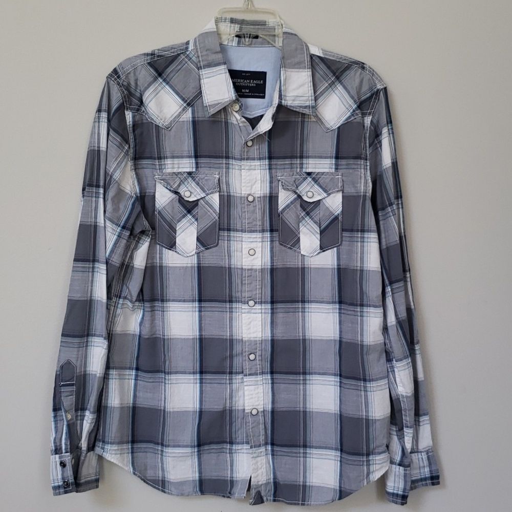 American Eagle Shirt Mens Medium Pearl Snap Western Cowboy Plaid All Cotton